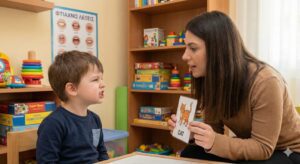 παιδί προσπαθεί να μιλήσει σε λογοθεραπευτή - ένδειξη δυσκολίας άρθρωσης